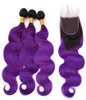 1BPurple Ombre Malaysian Human Hair Bundles with Closure Body Wave Ombre Purple Weave Bundles 3Pcs with 4x4 Lace Closure 4Pcs Lo3930107