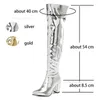 Boots Over The Knee For Women Fashion Block Heel Gold Silver Metallic Bling Pointed Toe Winter Autumn Shoes