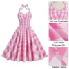 Basic Casual Dresses Women Plaid Sleeveless Dress Lace-up Bowknot Halter Hidden Zipper Skater Hem Cocktail Party Swing Dress High Waist A-Line Dress