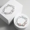 Pulseras de encanto Amorcome Diseño simple Color de plata Pulsera de cadena de eslabones Cuentas de perlas irregulares para mujeres Damas Joyería femenina