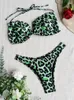 Kvinnors badkläder 2024 Sexig Green Halter Strappy Bikini Ribbed Women Swimsuit Kvinnliga Två stycken Baddräkt strandkläder simning