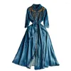 Casual Dresses Light Luxurious Temperament Elegant Dress Lady 3/4 Sleeve Lapel Embroidery Waistband Slim Single Breasted Denim Maxi Z2851