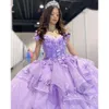 Quinceanera Lace 3D -jurken Lilac Glitter lovertjes Bloemen Appliques Lagen Ruches Princess Sweet 15 Dress Prom Party Pageant Ball Jurk voor jonge meisjes