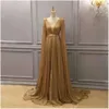Long Mariffon Arabic Neck V Soight Dress 2019 Cappage Rucked Train Formal Party Prom Robes BC2027