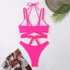 Frauen Badebadeanzüge Spaghetti -Gurt Criss Cross Bikini Rippen Badeanzug