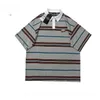 2024 summer loose American retro Japanese striped tshirt for men colorblocked Polo shirt lapel shortsleeved women 240417