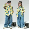 Kläder set Lolanta Children's Street Dance Girls Retro Floral Shirt Jeans Set Students Boys 'Jazz Hip Hop Performance Outfit Casua