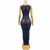 Stage Use Shiny Blue Rhinestones Dress Sexy Transparent Birthday Celebrate See através da fantasia de cantor Lanlan