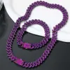 Strängar 12mm Diamond Prong Cuban Link Chain med 2 rader med Purple Ice Out Rhinestone Rapper -halsband för män och kvinnor som kvävar smycken Armband 240424