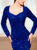 Partykleider Luxus Velvet Pailletten Abendkleid gegen Nacken Langarm formelle Hochzeitskleid Elegante Frauen schwarz Blau 2024