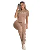 England style Ladies Short Sleeve Two Piece Set Women Brown grid T-shirt jogging Pants Sports Suit Tracksuits Streetwear Femme Clothing 4XL