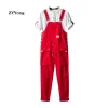 Overalls overalls bib jumpsuit lading broek mannen rood los, rechte pocket freight hiphop streetwear rompers casual broek