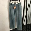 Cuffed High midja jeans Kvinnor broderi Letterbälte denim byxor designer lösa breda benbyxor