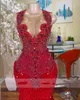 2024 Dark Red Mermaid Prom Dresses Jewel Neck Crystal Beads Sequined Lace Sequins Illusion Sleeveless Evening Gowns Formal Dress Sweep Train 0513