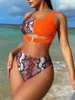 Moda de banho feminina Sexy Orange Snake Print Color Block Bikinis Conjunta Duas peças Push Up Up Swimsuits de cintura alta Mulheres Biquini Bathing Suits