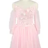 Party Dresses Clearance aftonklänning rosa tyll applikationer båthals fulla ärmar a-line veck golvlängd dam formell klänning lx1268