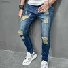 Men's Jeans New Tear Solid Color Tight Jeans Mens Elastic Small Foot Hole Motorcycle Denim Trousers Mens Street ClothingL2404