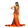 Orange Strasssteine Meerjungfrau Prom Kleider 2024 für schwarze Mädchen Diamonds Perlen Kristalle Samt ASO EBI Abendkleider Geburtstagsfeier Plus Size Formal Anlass