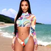 Swimwear de mujeres Manga larga de manga larga Cortada con cremallera Top de la cintura alta del bikini