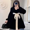 Casual Dresses A Line Gold Velvet Black Dress Autumn And Winter Bow Belt Long-sleeved