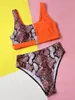 Women's Swimwear Sexy Orange Snake Print Color Block Bikinis Sets Two Pieces Push Up High Waist Swimsuits Women Biquini Bathing Suits