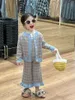 Clothing Sets 2024 Spring Children's Wear Girls' Checkered Knitted Sweater 3-piece Tank Top Wooden Ear Edge Trouser Set Clothes Girls