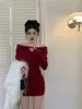 Casual Dresses Sweet Girl Christmas Red Off Shoulder Dress Women's Autumn/Winter Slim Fit Pure Sexy Wrap Hip Fashion Female Clothes