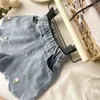 Shorts jeans casuais para crianças garotas de cintura elástica sólida aresta de jeans solto 1-6y crianças de verão de verão, roupas de tração nas calças