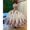 Pailletten quinceanera borduurwerk van jurken 3d de bloemenschouderglitter lange zoete 16 jurk voor meisjes tule prom speciale ocn -jurken 2024