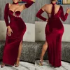 Повседневные платья Omsj Velvet Patchwork Asymmetrial Ladies Split High Taister Evening Elegant Maxi Pless Без спину с длинным рукавом зимой Slim