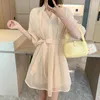 Casual Dresses Dress Women 2024 French Style Three Quarter Sleeve Flounced Belt Solid Chiffon Shirring Zipper