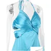 Abiti casual di base Girls Streetwear Streetwear Summer Outfits Abibiti Nuovo Halter Vacate Abito da spiaggia Silk Satin Blue Long Drop DHCRV