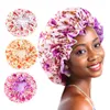 Nya kvinnor trycker Satin Bonnet Hat Double Layer Elastic Head Wrap Silky Soft Night Sleep Cap Cap Cap Hårstyling Tillbehör