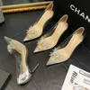 Sandálias de fadas de cristal pontiagudas sandálias de vento shinestone Butterfly-Knot transparente High Heel Women Fashion Shoes 240425