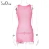 Casual jurken soefdioo gebreide patchwork kwastjes roze jurk vrouwen schattige verbluffende mouwloze o-neck bodycon mini 2024 summr feest clubkleding