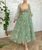Romantyczna zielona sukienka na studniówkę Princess Puff długie rękaw w kwiat haftowa kobiet wieczorna sukienka koktajlowa strój urodzinowy 240415