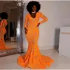 Sparkling prom oranje pailletten mermaid jurken African Lace V nek lange mouwen avondjurken vegen de trein formele feestjurk