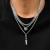 Strands KunJoe 3-piece/set mens metal feather pendant necklace punk silver multi-layer Cuban chain necklace hip-hop jewelry 240424