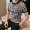 Camisetas de camisetas britânicas outono oneck de manga curta Moda de moda listrada listrada slim fit tee shirt pullovers de rua social 4xl