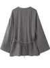 Willshela Women Fashion Two Piece Set Grey Lace Up Loose Coat