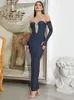 Casual Dresses Sexig mörkblå mesh långärmad axelbandslös bandage elegant sliver paljett Bodycon Celebrity Evening Party Maxi Dress