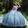 Duman Mavi Çıkarılabilir Kollu Boncuk Bead Ball Roow quinceanera Omuzdan 3D Çiçekler Pleat Corset Vestidos de 15 Anos