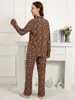 Kvinnors sömnkläder plus storlek S-3XL Leopard Print Womens Home Clothes 2 Piece Set Loose Long Slve Pyjamas Female Casual 100% Viscose Slpwear Y240426