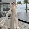 Lässige Kleider Französisch Beige elegante Urlaubshalter Backless Birthday Party Plisel Feenkleid Ein Linie Abschlussabend Kleider Langer Sommer