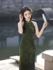 Etnische kleding vintage cheongsams sexy halter dames Chinese jurken split printing qipao vrouwelijke mouwloze mandarijn kraag feestjurk