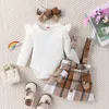 Ensembles de vêtements pour enfants Baby Girl Vêtements d'automne tenues Ruffle Ruffle à manches longues Régère Rangée + Plaids Suspender Jupes + Bow Band Band 3pcs Girls sets