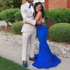 Prom Royal Couple Fashion Blue Dresses Mermaid Halter Neck Beaded Appliques Sweep Train Evening Red Carpet Gowns