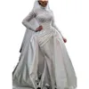 Robes de cou perlées Pearls Wedding Dubai Long High Manches Robes de mariée satinée blanches Robe de mariée en satin détachable Robe de Mariee