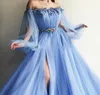 2019 Gorgeous Beaded Collar Evening Dresses Sexy Side split Sheer Neck Long Poet Sleevs Tulle Puffy Forml Evening Wears Prom Dress4102190
