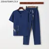 China Retro Style Tang Suit Men Set Linen Zen Tea Tee Top Pants Kung Fu Uniforme Oriental Fashion Camiseta Camiseta suelta Biros 240415